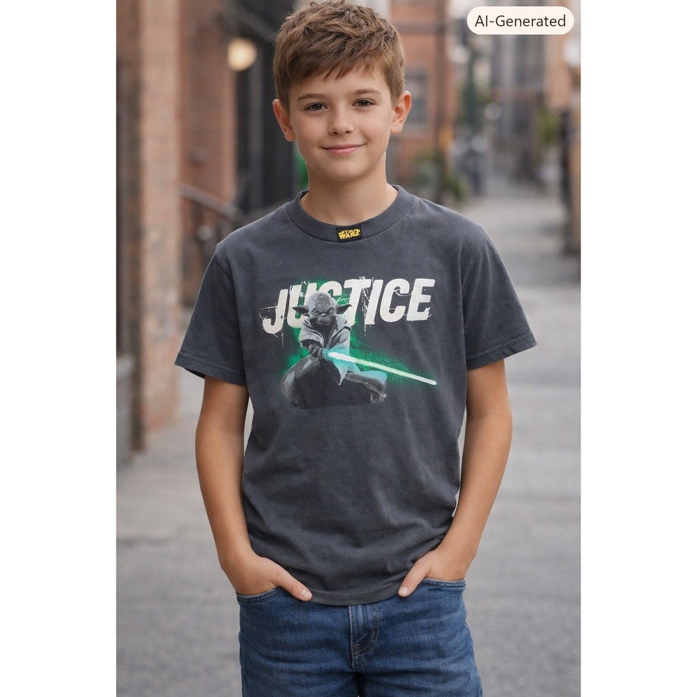 Y2K Star Wars Yoda Justice T-shirt Youths Size SM 6/7 Black Short Sleeve Casual